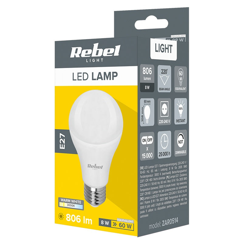 Bec LED E27 3000k Rebel a 60