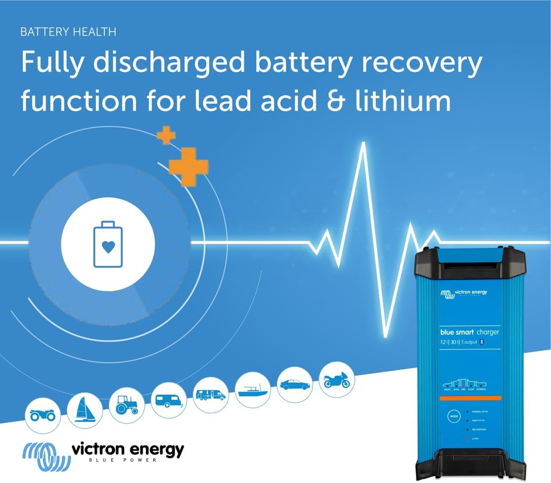 Victron Energy Blue Smart IP22 Smart Car Battery Charger 12V 30A, Trickle Charger for Car Battery and Desulfator for Motorcycle, ATV, RV, Lithium and Deep Cycle Batteries