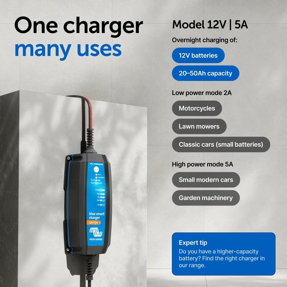 Victron Energy Blue Smart IP65 Smart Car Battery Charger 12V 5A, Trickle Charger for Car Battery and Desulfator for Motorcycle, ATV, RV, Lithium and Deep Cycle Batteries